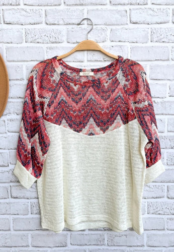 RED & IVORY DESIGN PRINT COLOR BLOCK TOP - Unique Inspirations by Tracy and Anna