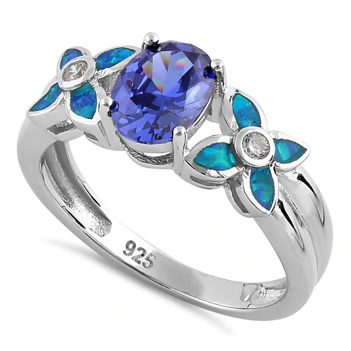 Sterling Silver Tanzanite Center Stone Flower Blue Lab Opal Ring - Unique Inspirations by Tracy and Anna