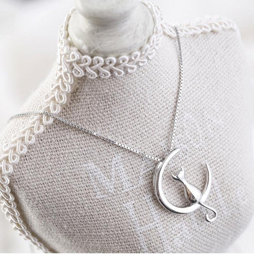 S925 Sterling Silver Cat and Moon Necklace - Unique Inspirations by Tracy and Anna