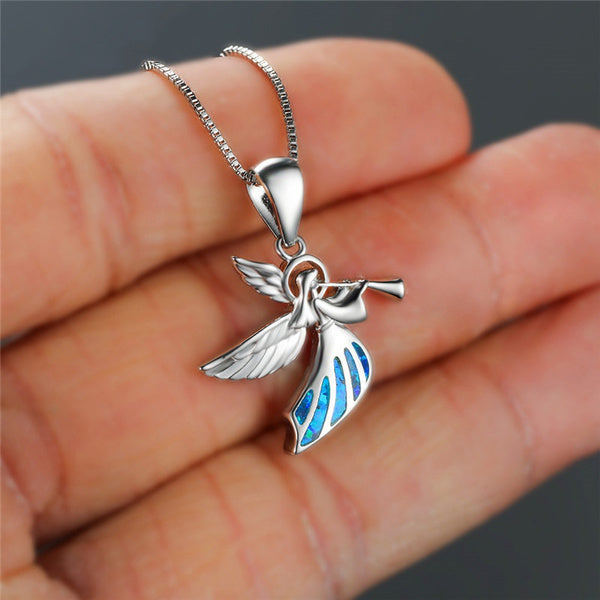 S925 Sterling Silver Angel Pendant Blue Fire Opal Necklace - Unique Inspirations by Tracy and Anna