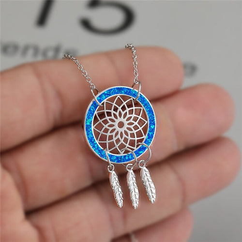 Boho Hollow Flower with Leaf Blue Opal Pendant - Unique Inspirations by Tracy and Anna