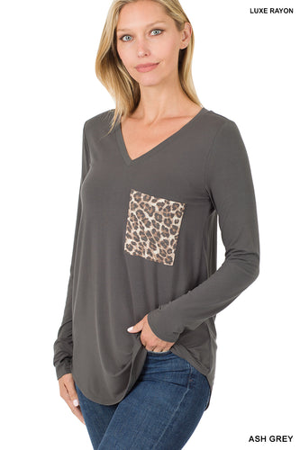LONG SLEEVE V-NECK LEOPARD POCKET TOP - Unique Inspirations by Tracy and Anna