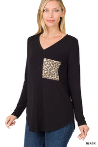 LONG SLV V-NECK LEOPARD POCKET TOP - Unique Inspirations by Tracy and Anna