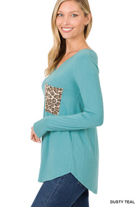 LONG SLEEVE V-NECK LEOPARD POCKET TOP - Unique Inspirations by Tracy and Anna