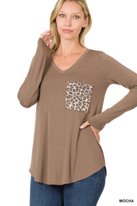 LONG SLEEVE V-NECK LEOPARD POCKET TOP - Unique Inspirations by Tracy and Anna