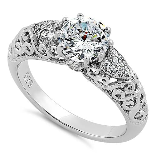 Sterling Silver Majestic Filigree Round Cut CZ Engagement Ring - Unique Inspirations by Tracy and Anna