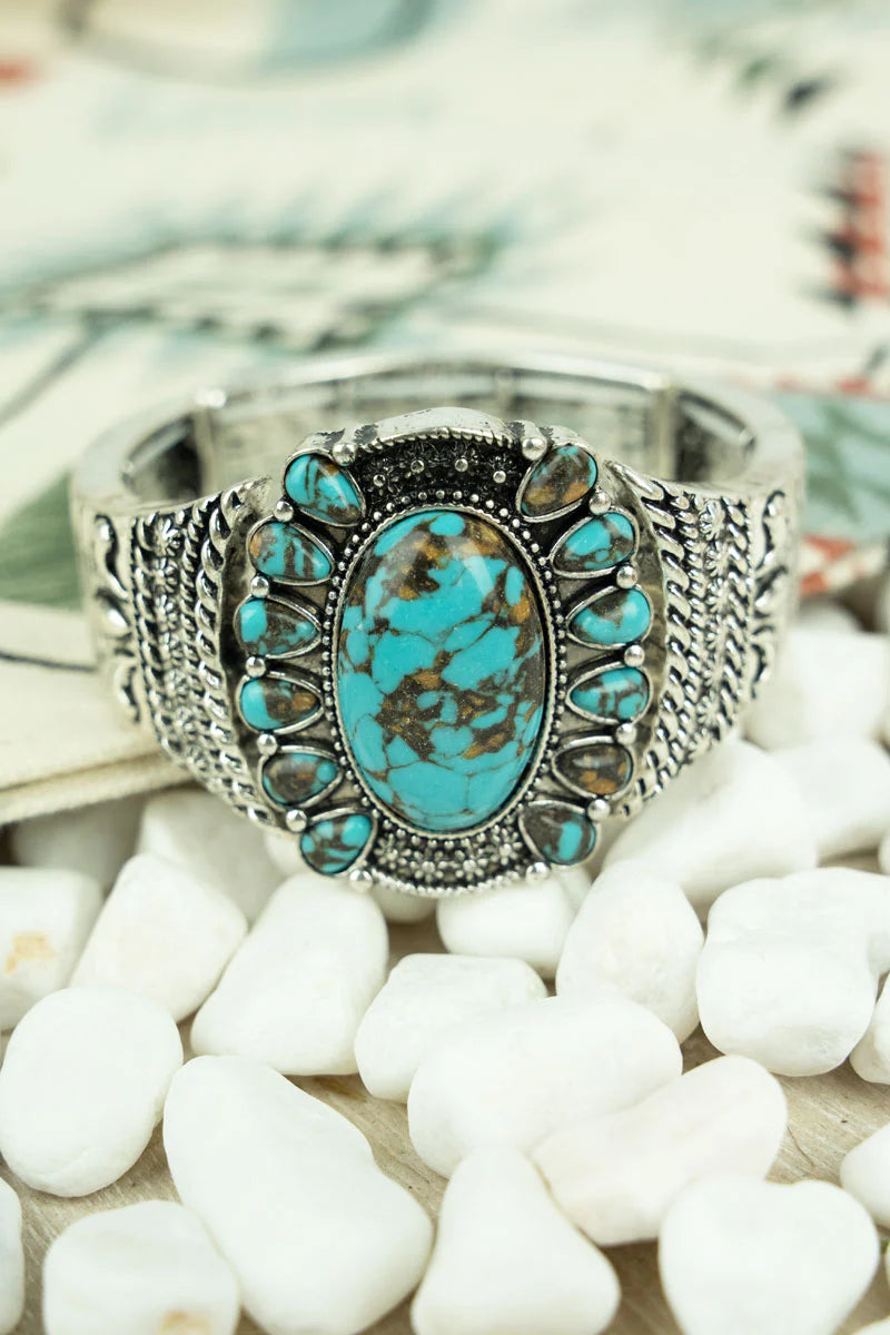 TURQUOISE BONERIDGE SILVERTONE STRETCH BRACELET