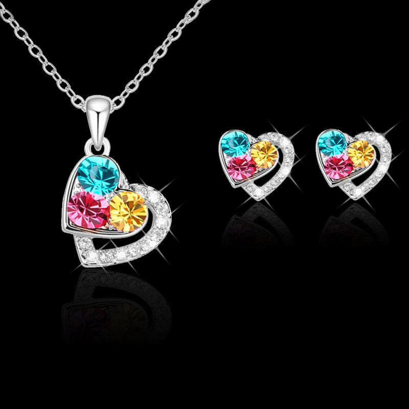 Triple Rhinestone Heart Necklace Set