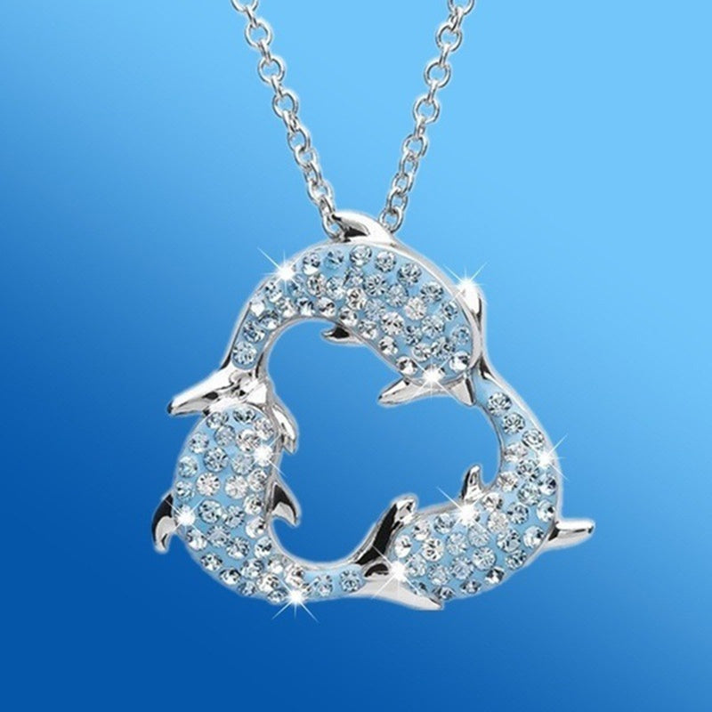 Sea Blue Rhinestone Triple Dolphin Necklace - Unique Inspirations by Tracy and Anna