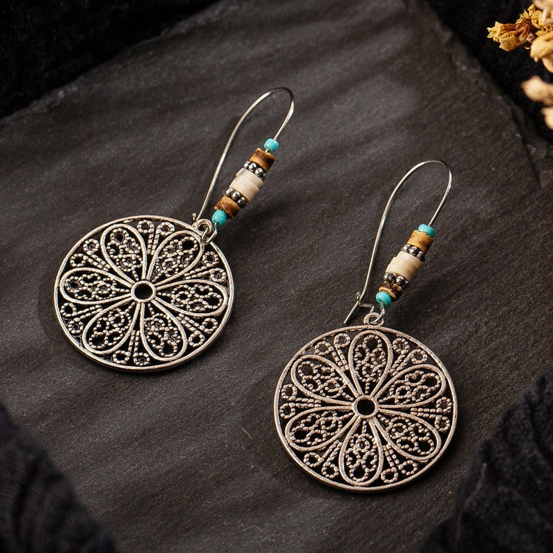 Retro Old Hollow Round Flower Alloy Long Earrings - Unique Inspirations by Tracy and Anna