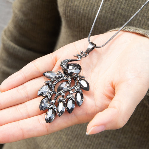 Crystal Peacock Long Pendant Necklace - Unique Inspirations by Tracy and Anna