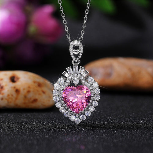 Pink Rhinestone Heart Framed in White Necklace - Unique Inspirations by Tracy and Anna