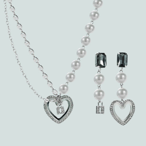 Gloss Pearl Stitching Heart Pendant Necklace Earring Set - Unique Inspirations by Tracy and Anna