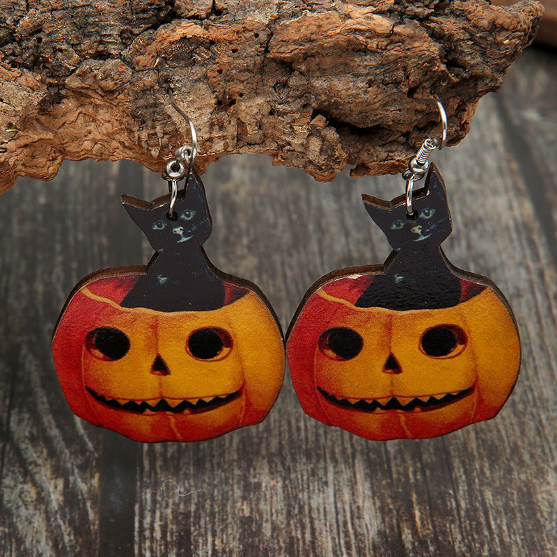 Halloween Cat Pumpkin Wooden Earrings - Unique Inspirations by Tracy and Anna