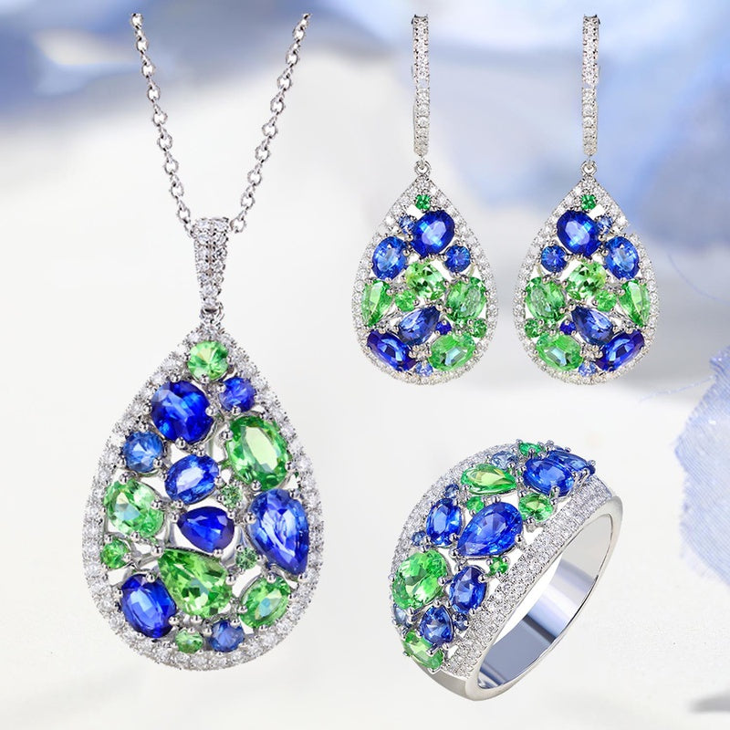 Sapphire Tsavorite Diamond Pendant Open Ring Long Hook Earrings