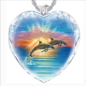 Heart Shaped Ocean Double Dolphin Glass Pendant - Unique Inspirations by Tracy and Anna