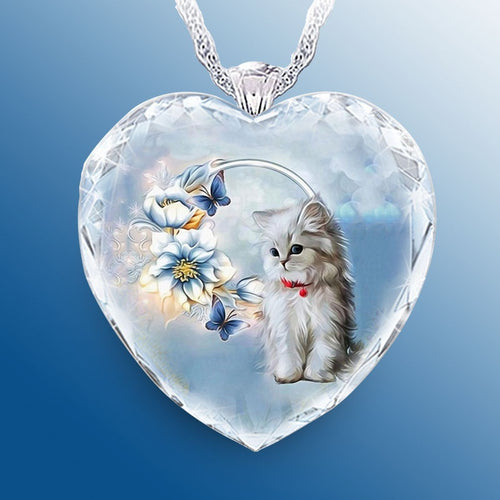 Heart Shaped Crystal Blue Butterfly Kitten Necklace - Unique Inspirations by Tracy and Anna