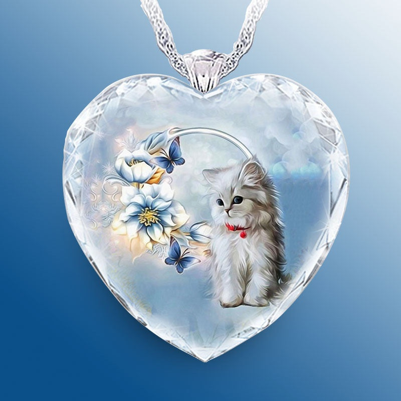 Heart Shaped Crystal Blue Butterfly Kitten Necklace - Unique Inspirations by Tracy and Anna