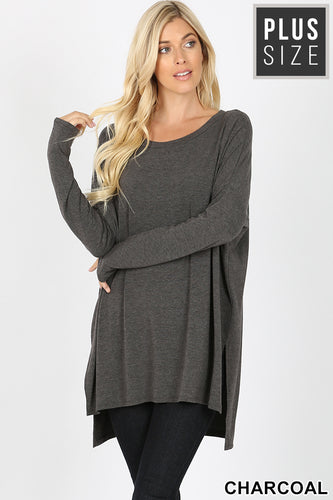 DOLMAN SLEEVE ROUND NECK SLIT HI-LOW HEM TOP - Unique Inspirations by Tracy and Anna