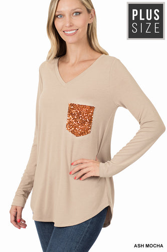 LONG SLEEVE V-NECK SEQUIN POCKET TOP - Unique Inspirations by Tracy and Anna