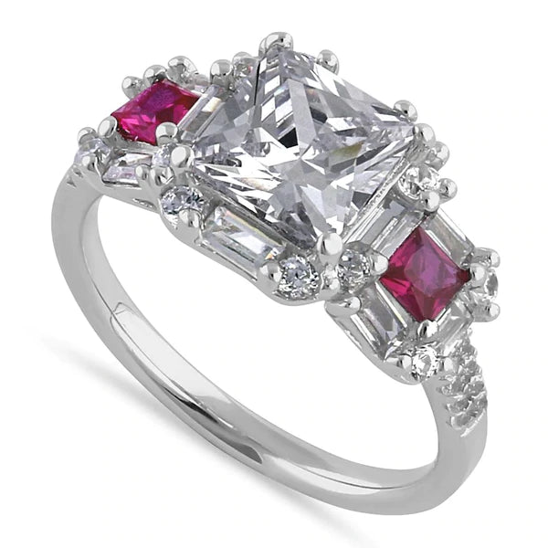 Classic Princess, Emerald & Round Cut w/ Clear & Ruby CZ Ring - Unique Inspirations by Tracy and Anna