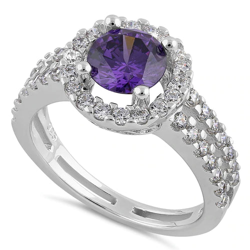 Sterling Silver Round Amethyst Halo CZ Ring - Unique Inspirations by Tracy and Anna