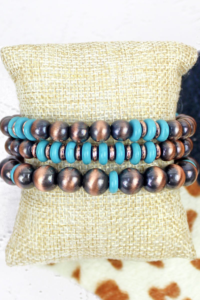 COPPER NAVAJO INSPIRED PEARL AND TURQUOISE BEAD STRETCH BRACELET SET - Unique Inspirations by Tracy and Anna