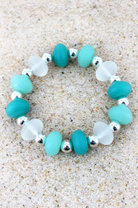 TRI-COLOR SEA GLASS AND SILVERTONE BEAD STRETCH BRACELET - Unique Inspirations by Tracy and Anna