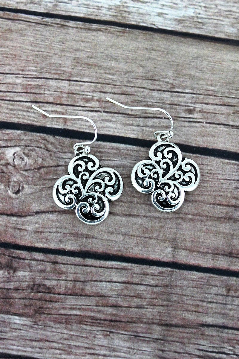 SILVERTONE SCROLL QUATREFOIL EARRINGS - Unique Inspirations by Tracy and Anna