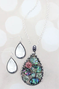ABALONE STONE AND CRYSTAL TEARDROP NECKLACE AND EARRING SET - Unique Inspirations by Tracy and Anna