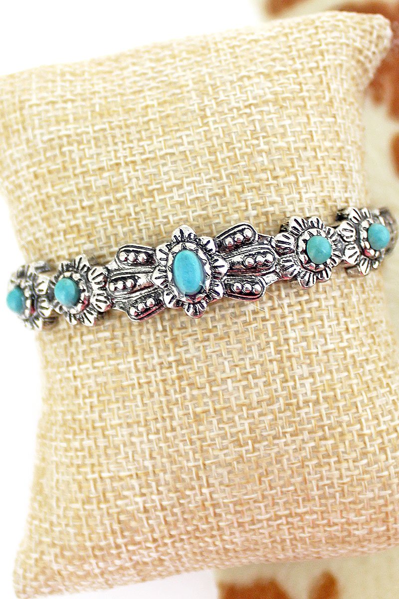 LEAWOOD TURQUOISE AND SILVERTONE STRETCH BRACELET - Unique Inspirations by Tracy and Anna
