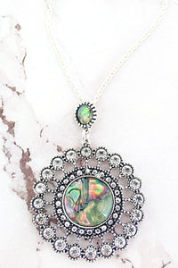 ABALONE AND CRYSTAL ACCENTED SILVERTONE DISK NECKLACE - Unique Inspirations by Tracy and Anna