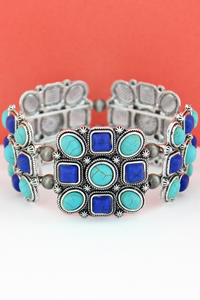 TURQUOISE & BLUE GEO BEADED SQUARE AND NAVAJO INSPIRED PEARL STRETCH BRACELET - Unique Inspirations by Tracy and Anna