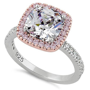 Sterling Silver Two Tone Rose Gold Plated Cushion Cut Clear & Pink CZ Ring - Unique Inspirations by Tracy and Anna